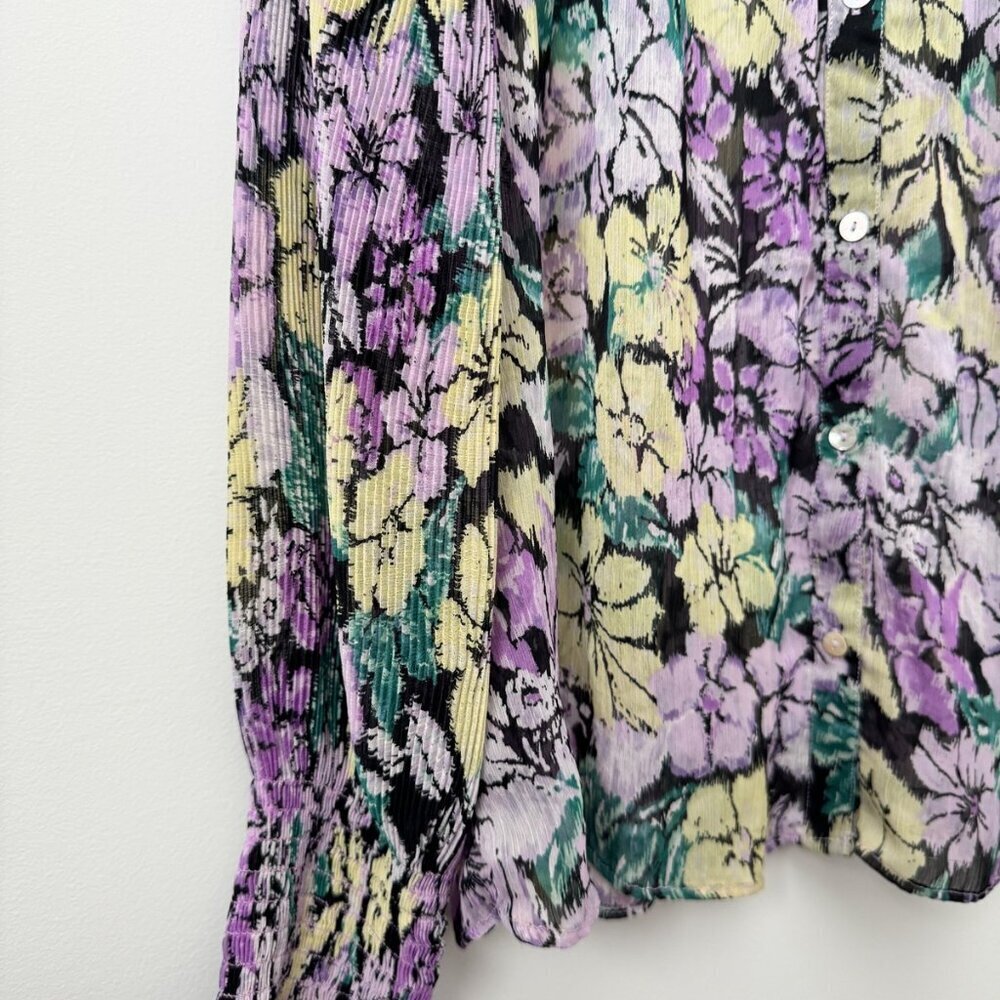 MNG Size 6 Elegant Floral Print Pleated Blouse with Bell Sleeves - Purple Yellow - Picture 3 of 4